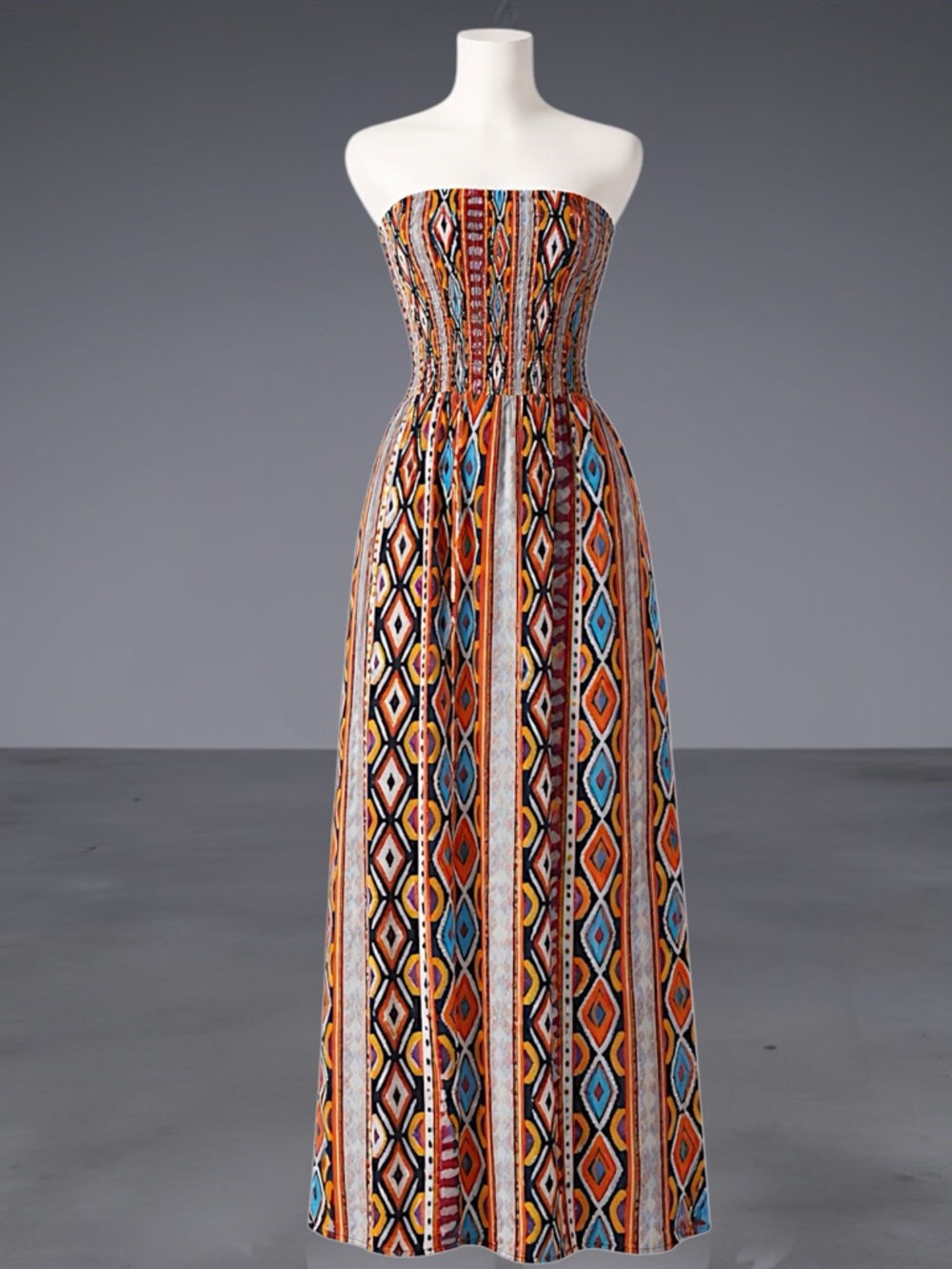 Strapless Smocked Bohemian Maxi Dress - Multicolor - Picture 10 of 13